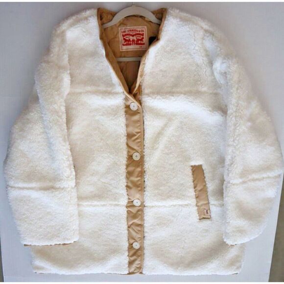 Levi’s Women's Sz L Beige/Cream Marlowe Oversized Reversible Sherpa Jacket - Picture 8 of 12